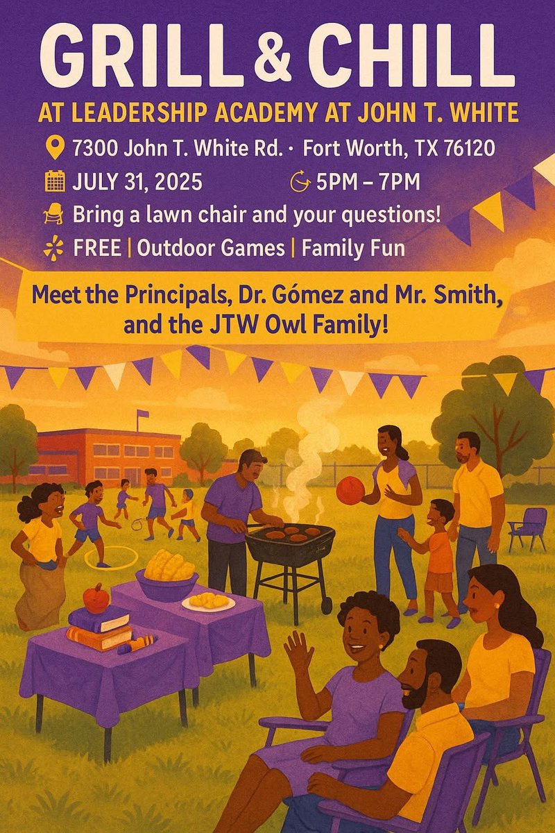 Sun is out….OWLS are out!
What’s better than a summer night at home?….A summer night with your JTW Fam!
Come out meet our Principal Dr. Gomez and Assistant Principal Mr. Smith!
Hot dogs, chips, and a drink will be served! Bring a lawn chair and let’s hangout!