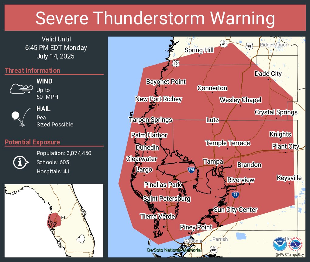 Severe Thunderstorm Warning including Tampa FL, Saint Petersburg FL and  Clearwater FL until 6:45 PM EDT