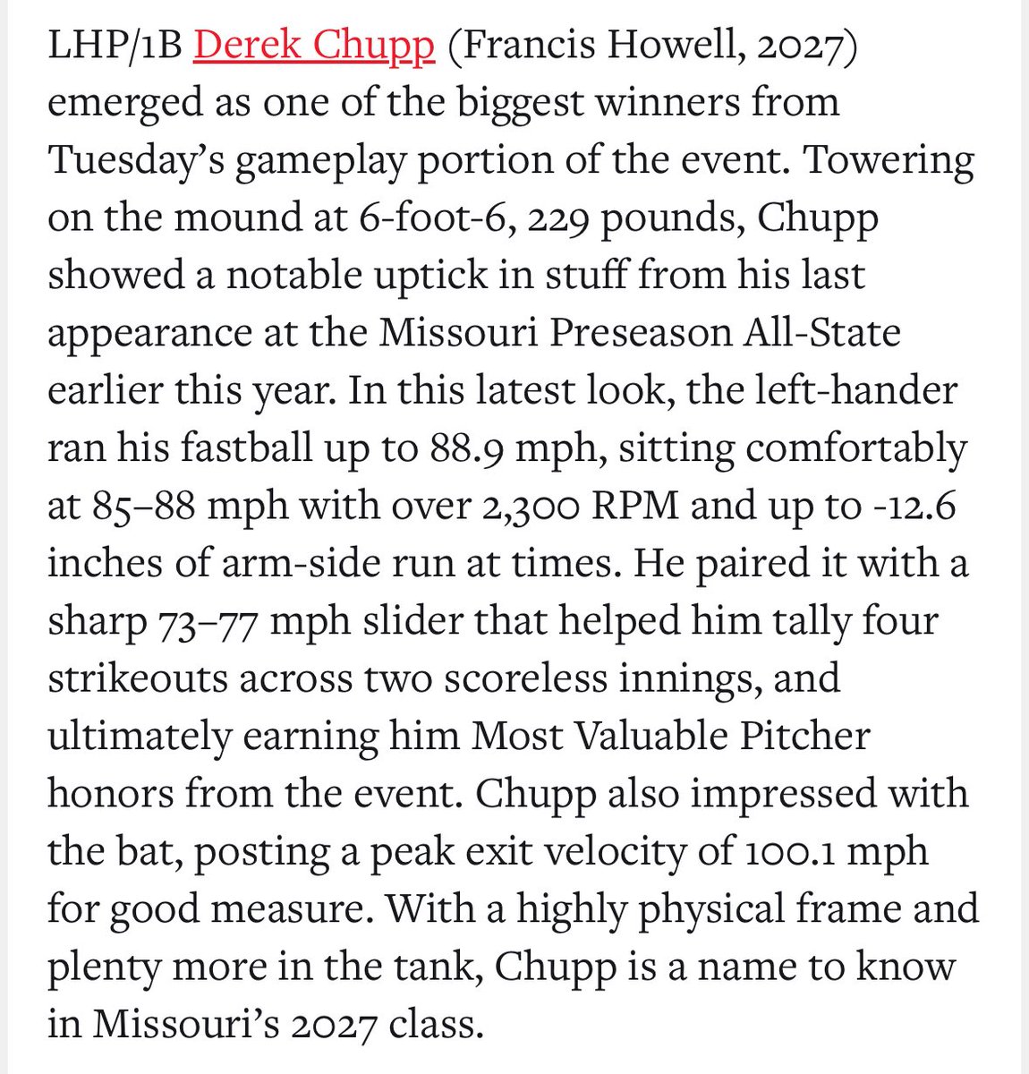 Thank you for the write up!
<a href="/PrepBaseballMO/">Prep Baseball Missouri</a> <a href="/PBR_Moulder/">Kevin Moulder</a> <a href="/howell_baseball/">Howell Baseball</a>