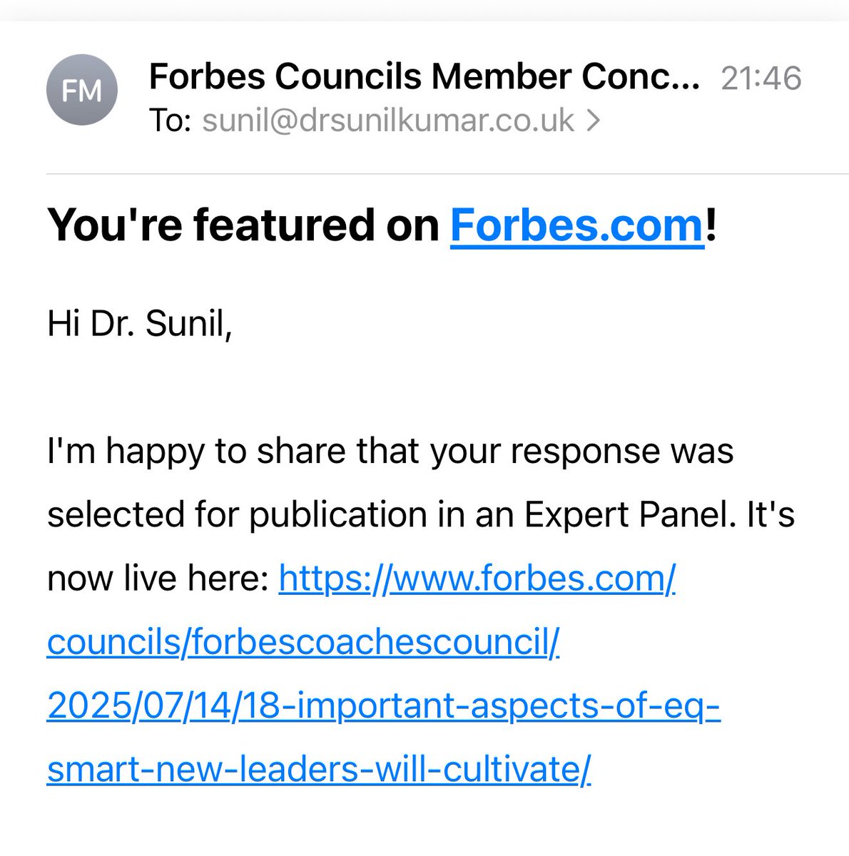 Dr Sunil Kumar FRSA MRCA FCAI FBSLM DipIBLM (@doc_kumar) on Twitter photo From a small town in India 🇮🇳 where Forbes felt like another world…
To being featured on Forbes.com as an Expert Panel member.
Grateful for this first feature on EQ in leadership . a milestone moment. 🙏
forbes.com/councils/forbe… From a small town in India 🇮🇳 where Forbes felt like another world…
To being featured on Forbes.com as an Expert Panel member.
Grateful for this first feature on EQ in leadership . a milestone moment. 🙏
forbes.com/councils/forbe…