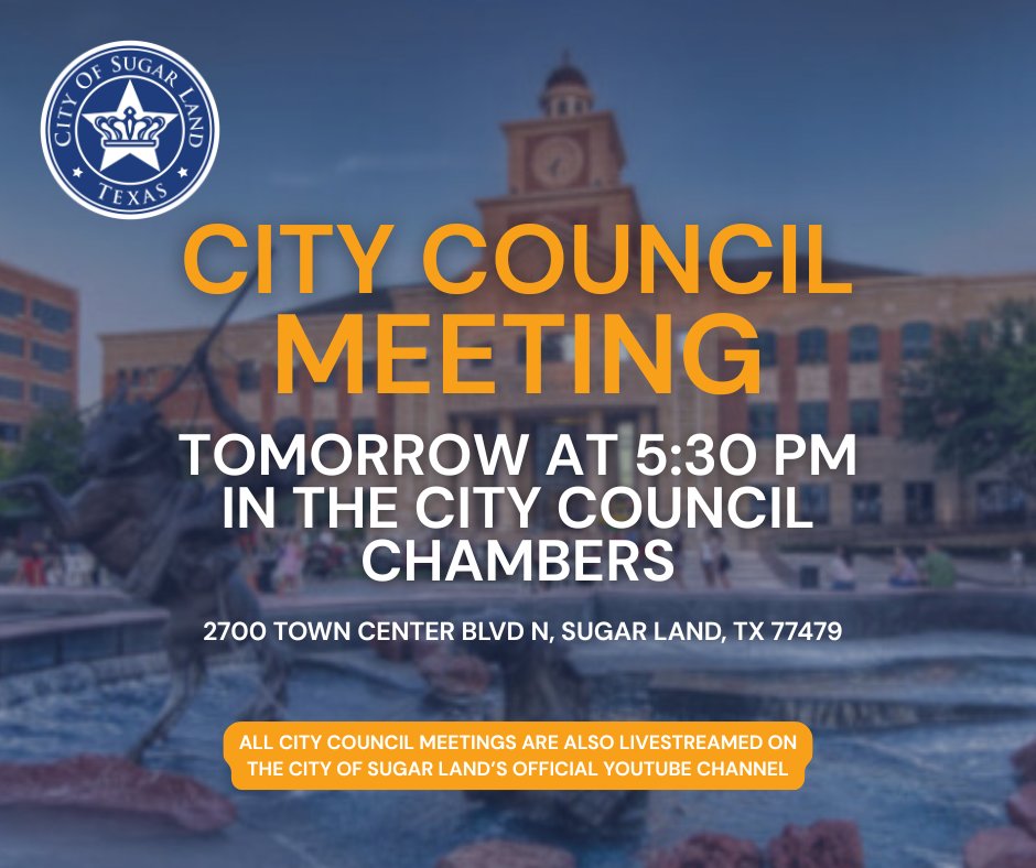 📣 This is your Monday reminder: There’s a City Council meeting happening tomorrow!  
🗓️ Tuesday, July 15, 2025
⏰ 5:30 PM
📍 City Council Chambers

View the agenda at sugarlandtx.gov/2908/Meeting-A… or watch the livestream on our City's Official YouTube Channel youtube.com/@SugarLandTXgov