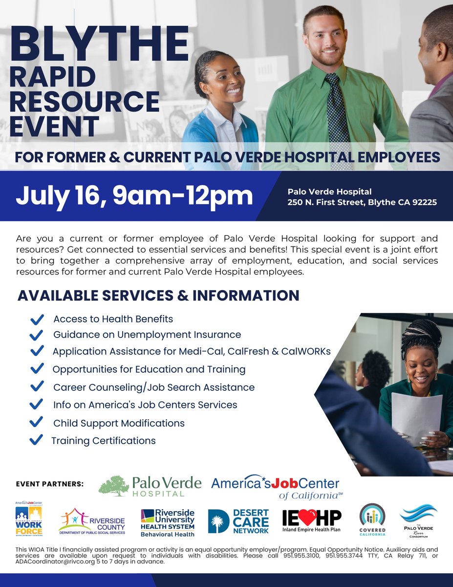 Riverside County Dept. of Public Social Services (@rivcodpss) on Twitter photo 📢 #Blythe Rapid Response Event / Evento de Respuesta Rápida en #Blythe, July 16 / 16 de julio
Get hellp applying for #CalFresh, #MediCal & #CalWORKs. Bilingual staff & resources available.
📍 Palo Verde Hospital, 250 N 1st St., <a href="/CityofBlythe/">City of Blythe</a> | 9am–12pm | Free / Gratis
#RivCoNow 📢 #Blythe Rapid Response Event / Evento de Respuesta Rápida en #Blythe, July 16 / 16 de julio
Get hellp applying for #CalFresh, #MediCal & #CalWORKs. Bilingual staff & resources available.
📍 Palo Verde Hospital, 250 N 1st St., <a href="/CityofBlythe/">City of Blythe</a> | 9am–12pm | Free / Gratis
#RivCoNow