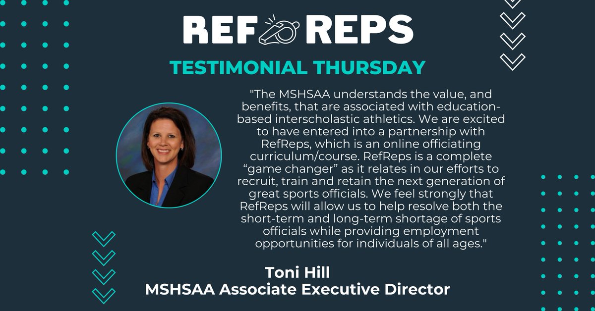 RefReps's tweet image. Shoutout to Toni Hill, Associate Executive Director of MSHSAA, for the incredible support! We're proud to partner with MSHSAA to help recruit, train, and retain the next generation of sports officials.
@MSHSAAOrg
#TestimonialThursday #EdTech #Curriculum #Rules #Ump…