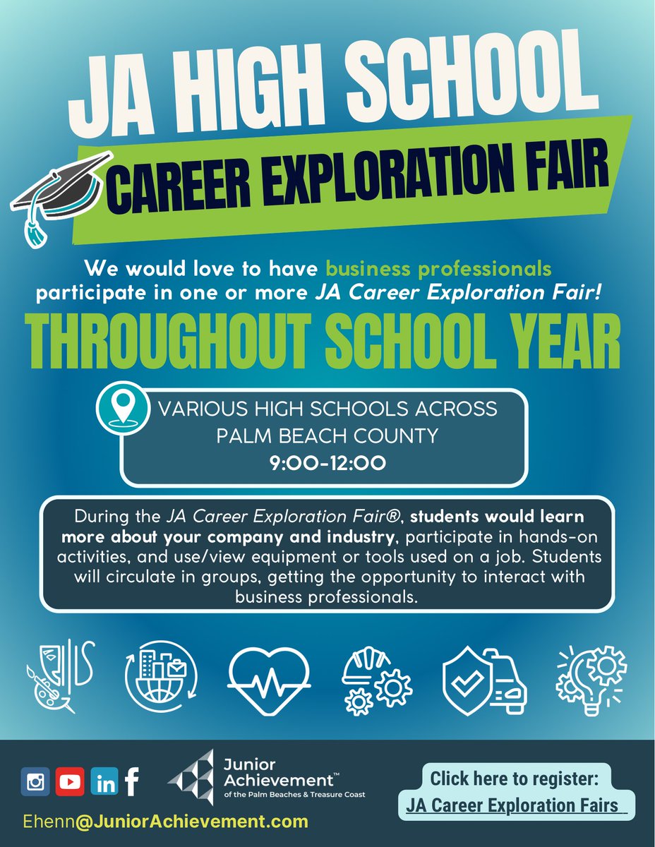 Join us for JA Career Exploration Fairs®
✔️ Share your career story &amp; company info/brand
✔️ Spark curiosity &amp; build the workforce pipeline
📅 Dates: Sept. 5, Sept. 26, Oct. 3, Oct. 10, Jan. 16, Jan. 23, Feb. 6, Feb. 13

Sign up now 👉 lnkd.in/ewixM4By