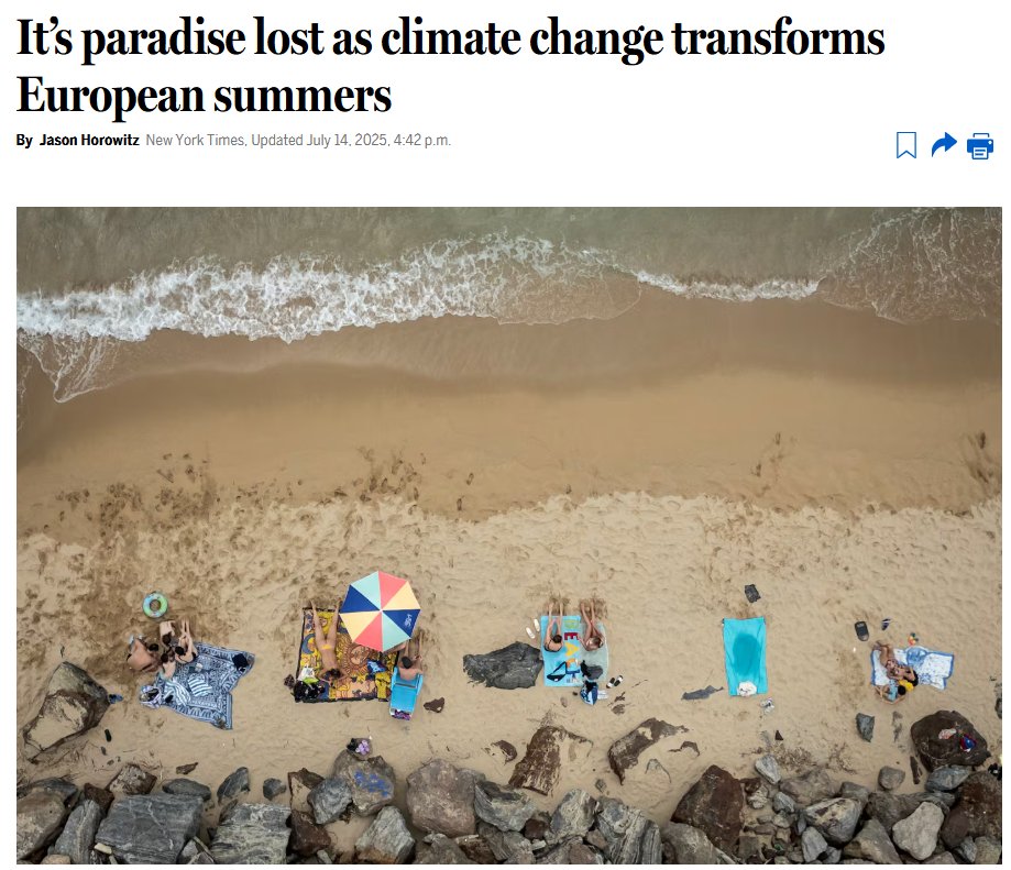 Across Spain, Italy, Greece and France, storms, rising seas, scorching temperatures, floods, and wildfires have year after year turned some of the continent’s most desirable getaways into miseries. 

This is a 'gift' article so you can read it:
 
bostonglobe.com/2025/07/14/wor…