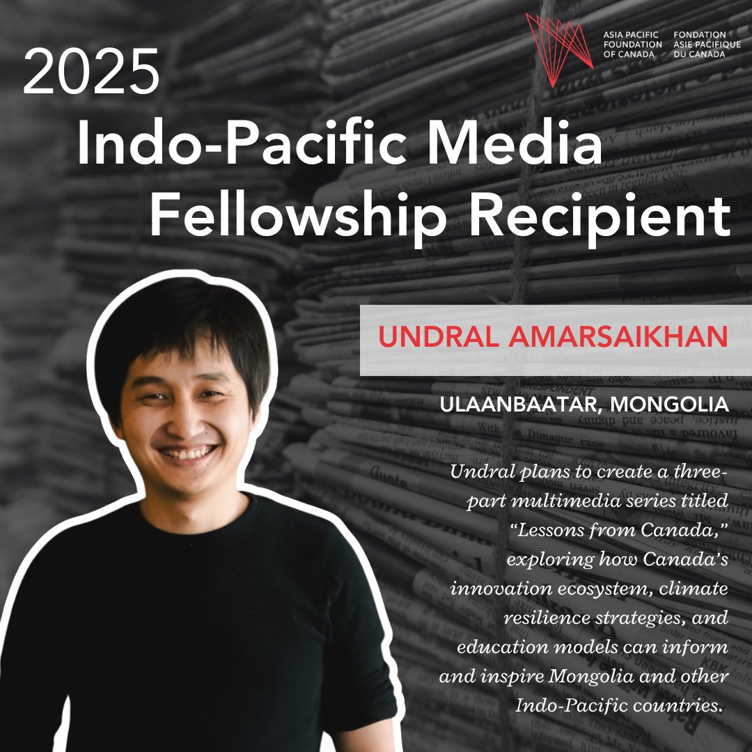 AsiaPacificFdn's tweet image. APF Canada is pleased to announce its four inaugural Indo-Pacific Media Fellowship recipients for 2025-26:
🇲🇳 Undral Amarsaikhan from Ulaanbaatar, #Mongolia
🇻🇳 Trang Bui from Hanoi, #Vietnam
🇲🇾 Kiran Jacob from Kuala Lumpur, #Malaysia
🇮🇩 Yogi Tujuliarto from Jakarta, #Indonesia…