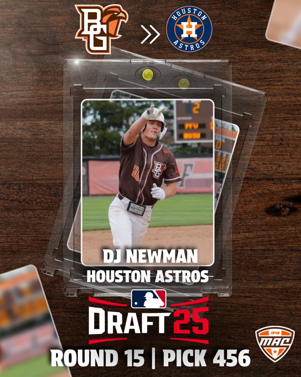MACtion (@macsports) on Twitter photo DRAFTED 👏
<a href="/DJNewman_/">DJ Newman</a> has been selected in the 15th round (Pick 456) in the 2025 MLB Draft by the <a href="/astros/">Houston Astros</a>!
<a href="/BGSU_Baseball/">BGSU Baseball</a> | #MACtion DRAFTED 👏
<a href="/DJNewman_/">DJ Newman</a> has been selected in the 15th round (Pick 456) in the 2025 MLB Draft by the <a href="/astros/">Houston Astros</a>!
<a href="/BGSU_Baseball/">BGSU Baseball</a> | #MACtion