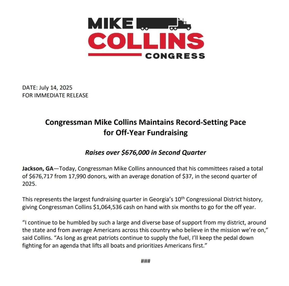TeamOverhaulDC's tweet image. Another solid fundraising quarter in the books for @MikeCollinsGA in Q2 of 2025. #gapol
