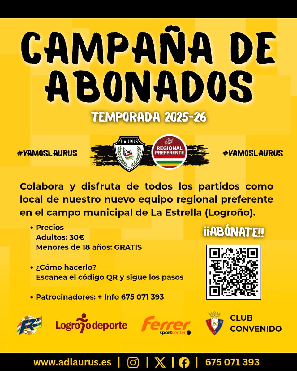infolaurus's tweet photo. 🔊 *CAMPAÑA DE ABONADOS* 🟡⚫
TEMPORADA 2025/26

La familia del LAURUS afronta su primera temporada en la categoría Regional Preferente.

Colabora y súmate con nosotros a éste nuevo proyecto dentro del club.

¡ABÓNATE!

#VAMOSLAURUS🐝 https://t.co/bTCo7Z1ome