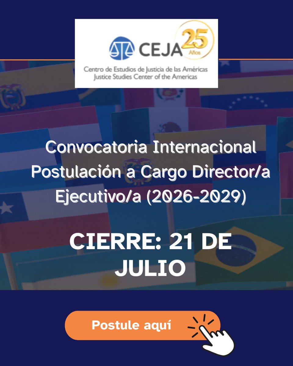 CEJAoficial's tweet image. 🌐 ¡CEJA abre proceso de selección para la próxima Dirección Ejecutiva 2026–2029! CEJA busca liderazgo estratégico e independiente para impulsar la transformación de la justicia en América Latina y el Caribe. ¿Te interesa? cejamericas.org/2025/06/20/con…