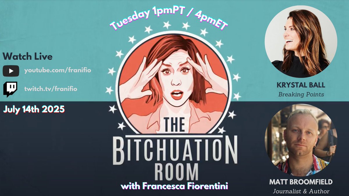 BitchuationPod's tweet image. Did you miss us? @franifio is live with @krystalball Tuesday at 1/4pm ET breaking down the news!
Then, we interview @MattBroomfield1 about tf Kushner bought an island in Albania and what that has to do with Gaza + his new book on the militant Kurdish movement.
Watch LIVE!