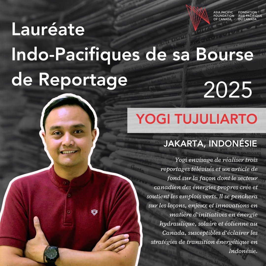 AsiaPacificFdn's tweet image. L’FAP Canada a le plaisir d’annoncer les quatre premiers lauréats indo-pacifiques de sa bourse de reportage pour l’année 2025-2026 :
🇲🇳 Undral Amarsaikhan (Oulan-Bator, #Mongolie)
🇻🇳 Trang Bui (Hanoï, #Vietnam)
🇲🇾 Kiran Jacob (Kuala Lumpur, #Malaisie)
🇮🇩 Yogi Tujuliarto…