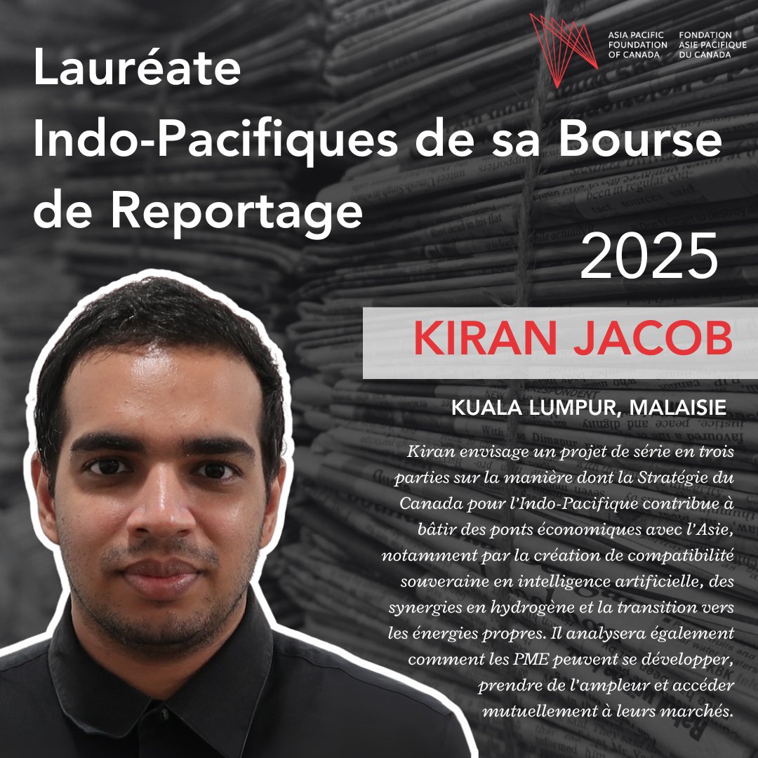 AsiaPacificFdn's tweet image. L’FAP Canada a le plaisir d’annoncer les quatre premiers lauréats indo-pacifiques de sa bourse de reportage pour l’année 2025-2026 :
🇲🇳 Undral Amarsaikhan (Oulan-Bator, #Mongolie)
🇻🇳 Trang Bui (Hanoï, #Vietnam)
🇲🇾 Kiran Jacob (Kuala Lumpur, #Malaisie)
🇮🇩 Yogi Tujuliarto…