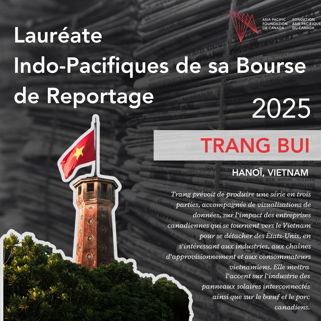 AsiaPacificFdn's tweet image. L’FAP Canada a le plaisir d’annoncer les quatre premiers lauréats indo-pacifiques de sa bourse de reportage pour l’année 2025-2026 :
🇲🇳 Undral Amarsaikhan (Oulan-Bator, #Mongolie)
🇻🇳 Trang Bui (Hanoï, #Vietnam)
🇲🇾 Kiran Jacob (Kuala Lumpur, #Malaisie)
🇮🇩 Yogi Tujuliarto…
