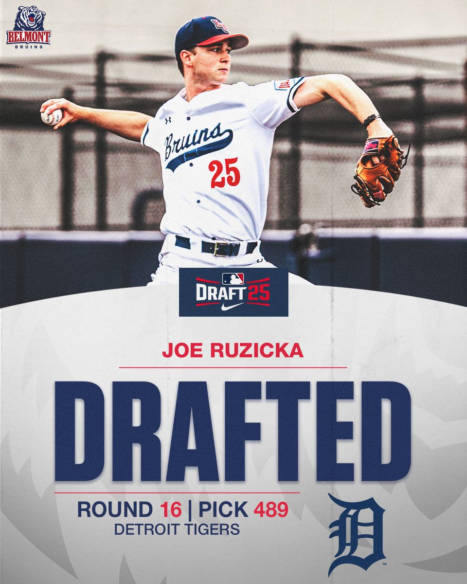 BelmontBaseball's tweet image. 𝗙𝗿𝗼𝗺 𝗡𝗮𝘀𝗵𝘃𝗶𝗹𝗹𝗲 𝘁𝗼 𝗗𝗲𝘁𝗿𝗼𝗶𝘁
The @tigers select RHP Joe Ruzicka with the 489th pick in the 16th round of the 2025 MLB Draft.
#ItsBruinTime | #MLBDraft | #RepDetroit