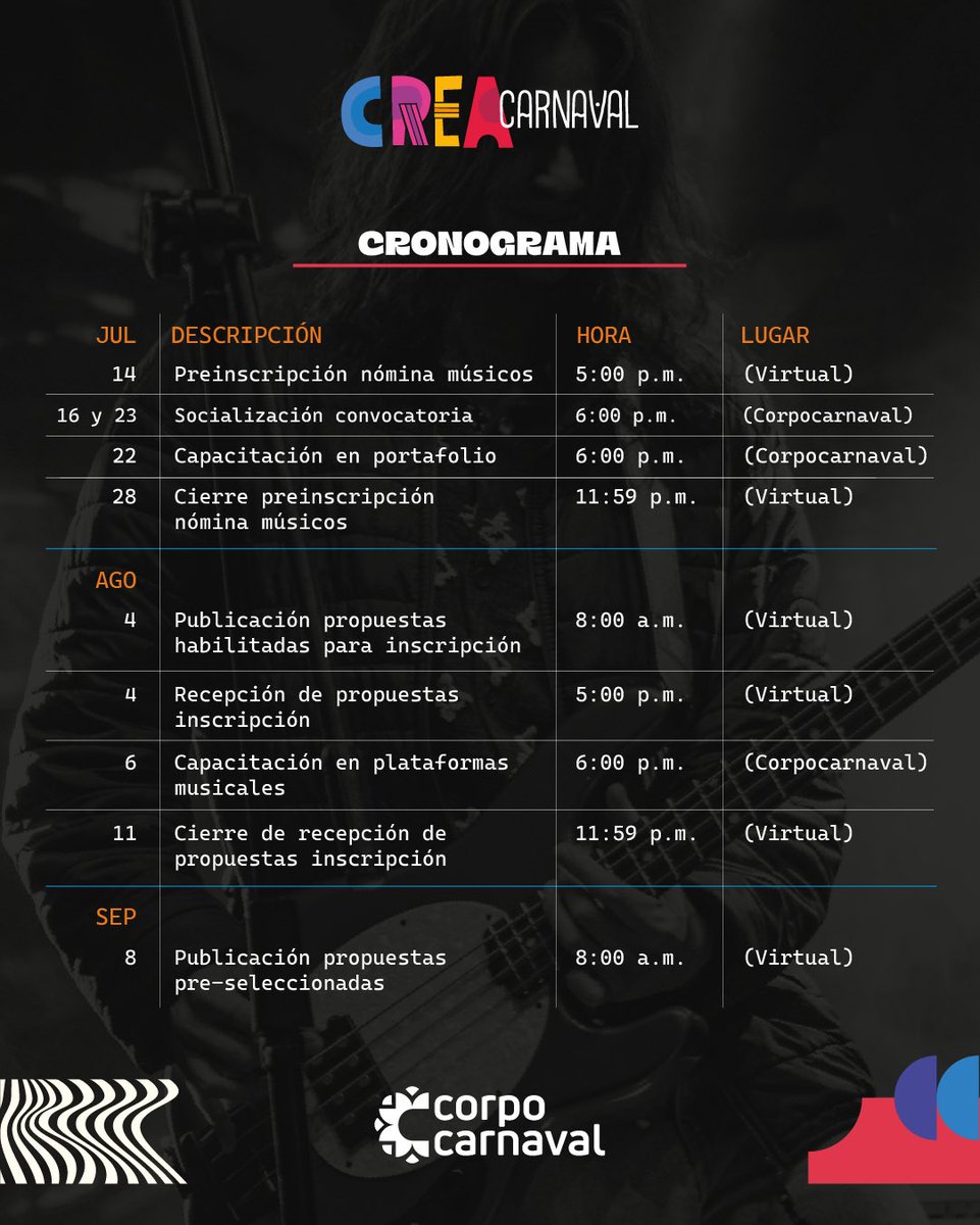 🎶 ¡Atención agrupaciones musicales!
Abrimos oficialmente la convocatoria de acreditación para participar en los escenarios musicales del Carnaval 2026. 🥁🎤
🔗 Consulta el manual de requisitos  aquí 👉 drive.google.com/drive/folders/…