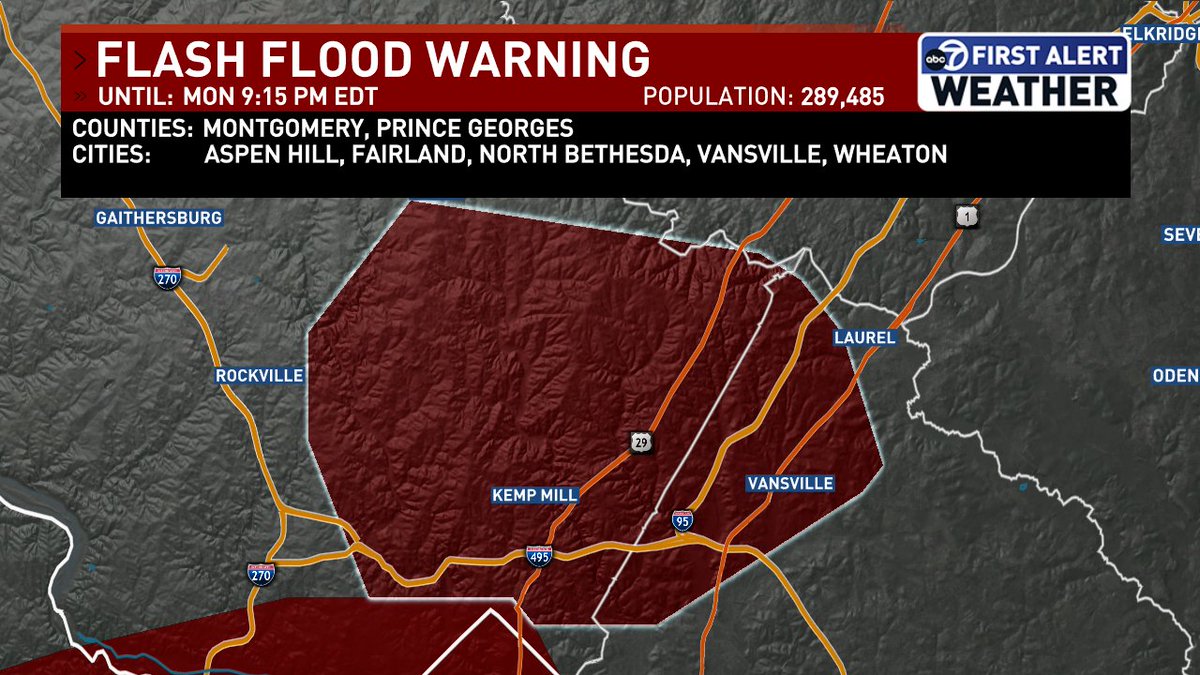 jordanevanswx's tweet image. Flash Flood Warning until 9:15 p.m. for parts of Montgomery and Prince George's counties. @7NewsDC