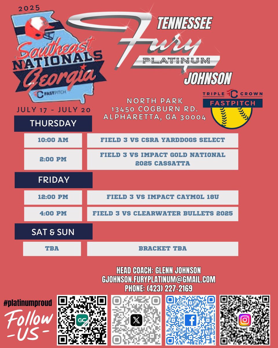 MadisonKeel4's tweet image. Schedule is out for @fplatinumjohnsn at the Southeast Nationals this weekend the Atlanta area! Check us out in person or on GC!
@LineDsoftball @SoftbalAmerica @TopPreps @TopPrepPitchers @LegacyLegendsS1 @ExtraInningSB @SoftballRecruit @SBRRetweets @SoftballDown @CoastRecruits