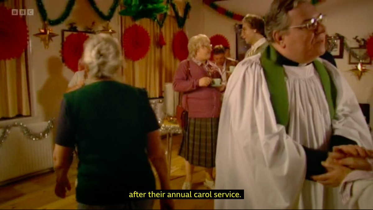 In Little Britain, the priest is wearing a green stole after a Christmas Carol service. This show is now unwatchable.