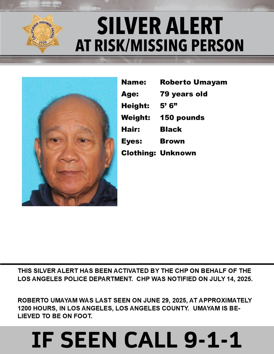 CHPAlerts's tweet image. Silver Alert - Los Angeles County
Last seen: Vanowen Street and Winnetka Avenue, Los Angeles
@LAPDmissing
IF SEEN, CALL 9-1-1