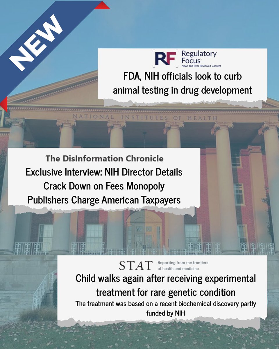 NIH's tweet image. 🚨Last week at NIH - News you don’t want to miss!
▶️ FDA, NIH officials look to curb animal testing in drug development: bit.ly/4kzvGIL
▶️ Exclusive Interview: NIH Director Details Crack Down on Fees Monopoly Publishers Charge American Taxpayers: bit.ly/3IyGjhC…
