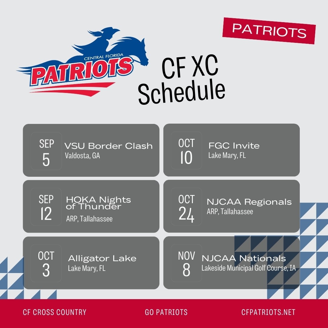 Coach Lauren Godwin (@13_1_princess) on Twitter photo Patriots 2025 Cross Country Schedule Announced
OCALA, Fla. β After a record-setting season with PRs at the NJCAA National 5k and NJCAA National Half Marathon in Richmond, Virginia the Lady <a href="/cfpats/">CF Patriots</a> look to set new bests this season.
<a href="/CFedu/">College of Central Florida</a> <a href="/jordanjg2006/">Jordan Godwin</a> #CFxc #Patriots Patriots 2025 Cross Country Schedule Announced
OCALA, Fla. β After a record-setting season with PRs at the NJCAA National 5k and NJCAA National Half Marathon in Richmond, Virginia the Lady <a href="/cfpats/">CF Patriots</a> look to set new bests this season.
<a href="/CFedu/">College of Central Florida</a> <a href="/jordanjg2006/">Jordan Godwin</a> #CFxc #Patriots