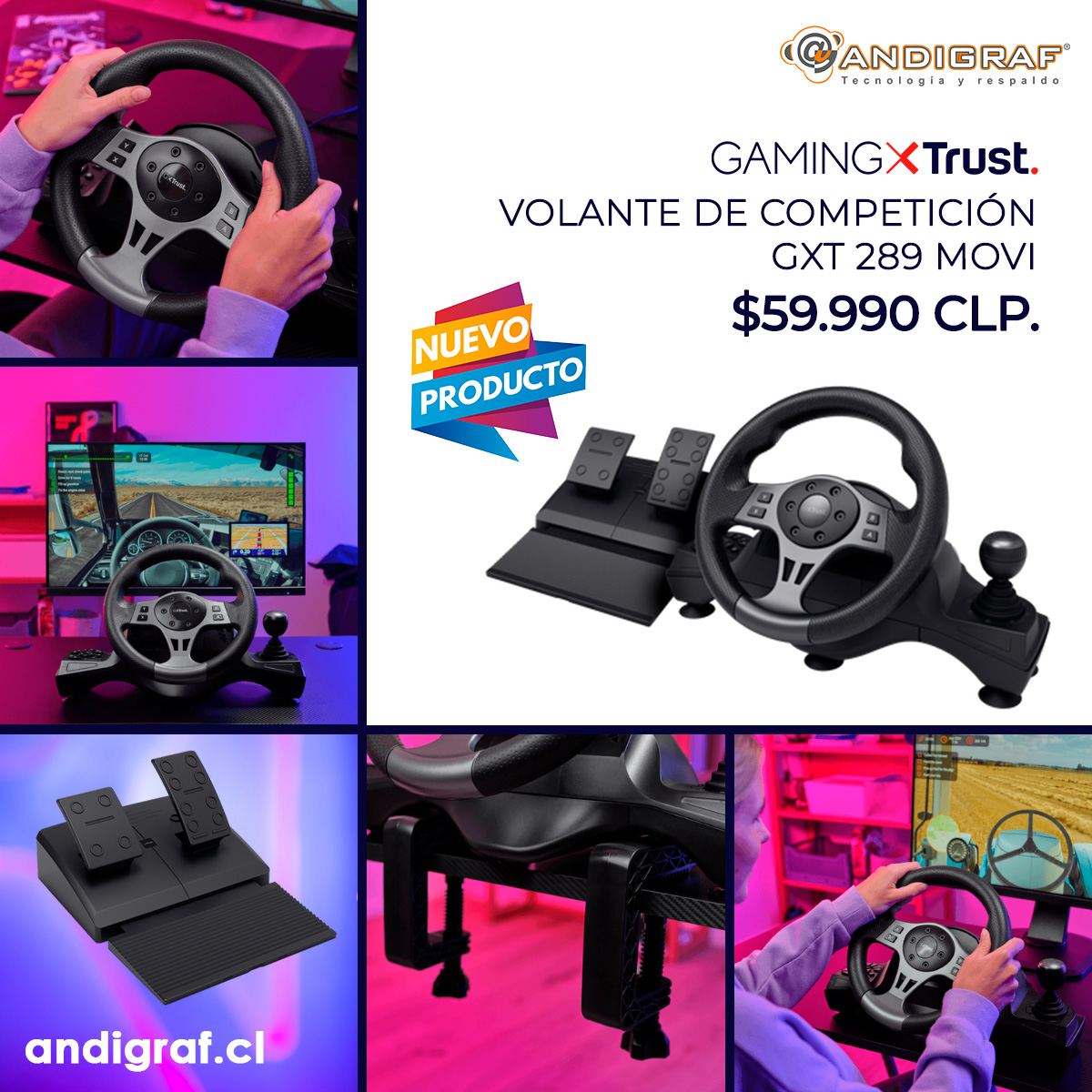 Andigraf's tweet photo. ✨ ¡#NUEVO PRODUCTO! 
🏎️ 💨 🏁  #Volante de carreras #gamer #TrustOfficial Movi GXT 289 

⭕️ ¡Compra online! https://t.co/o4IbY2gbLD

Volante de competición con respuesta de vibración y pedales para una experiencia realista.

#Zofri #Iquique #AltoHospicio #PozoAlmonte #LaTirana https://t.co/tvZYM7Asa1