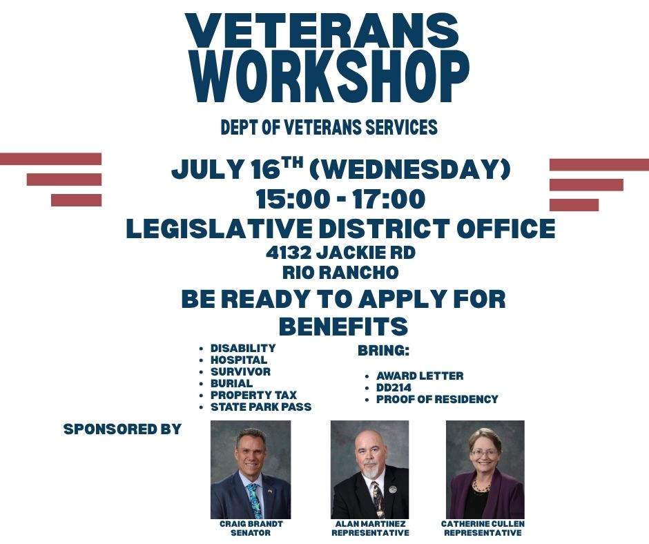 NMHouseGOP's tweet image. Join us for a Veterans Workshop hosted by the Dept. of Veterans Services to help you apply for the benefits you’ve earned — including disability, survivor, hospital, burial, property tax, and state park passes.

Wednesday, July 16th
3:00 PM – 5:00 PM
Legislative District Office…