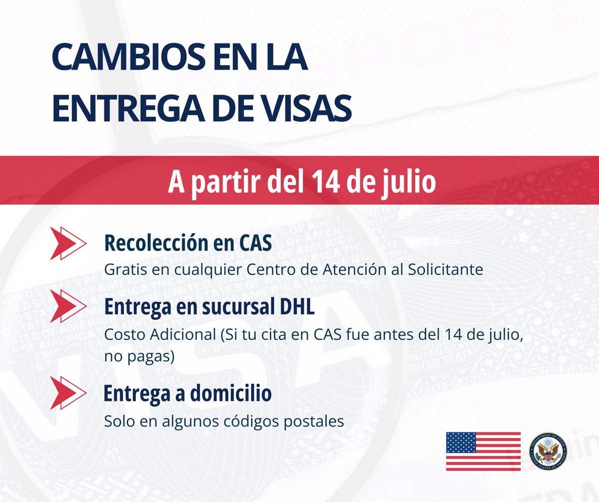 USEmbassyMEX's tweet image. 📢 ¡Actualización importante sobre la entrega de visas!
A partir del 14 de julio, la recolección de visas seguirá siendo gratuita en cualquier Centro de Atención al Solicitante (CAS).
📍 Si prefieres recoger tu visa en una sucursal de DHL, se aplicará un cargo adicional. Sin…