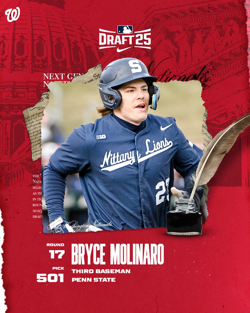 Nats_PlayerDev's tweet image. Welcome to the @Nationals, Bryce!
With the 501st pick in the 2025 MLB Draft, the Nats select 3B Bryce Molinaro from Penn State.