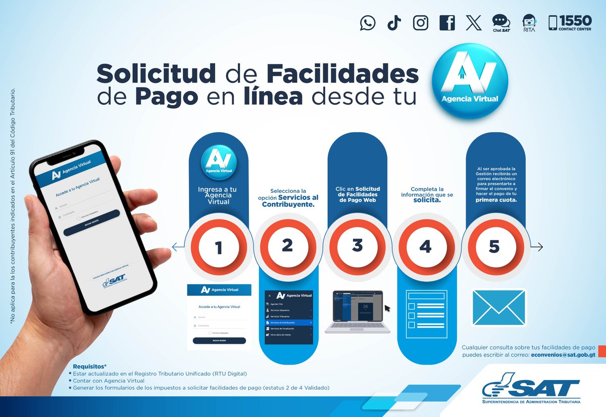 📲 No olvides que puedes solicitar facilidades de pago en línea desde tu #AgenciaVirtual  

Sigue estos pasos 👇🏽