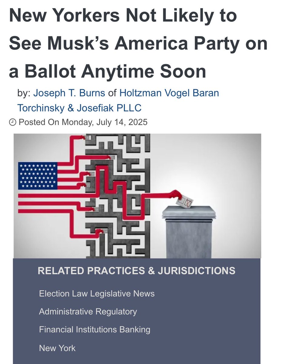 716ESQ's tweet image. New Yorkers Not Likely to See Musk’s America Party on a Ballot Anytime Soon | @natlawreview 🇺🇸🗳️🗽
👉🏻 natlawreview.com/article/new-yo…
#election #NY #ElonMusk #Musk #NewYork #vote #voting
@NewYorkGOP @EliseStefanik @Degrasse81 @spencecarr @John_Seravalli1 @AndrewDavis_edu @NYCP