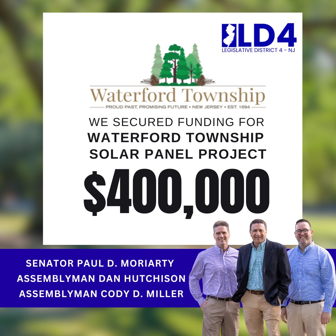 Cody_D_Miller's tweet image. Next up: Waterford Township ✅ We secured $400K for a new solar panel project — cutting utility costs and saving taxpayers money over time. ☀️💡Proud to support smart, sustainable investments in our towns. #NJLeg #WaterfordTownship #SouthJersey
