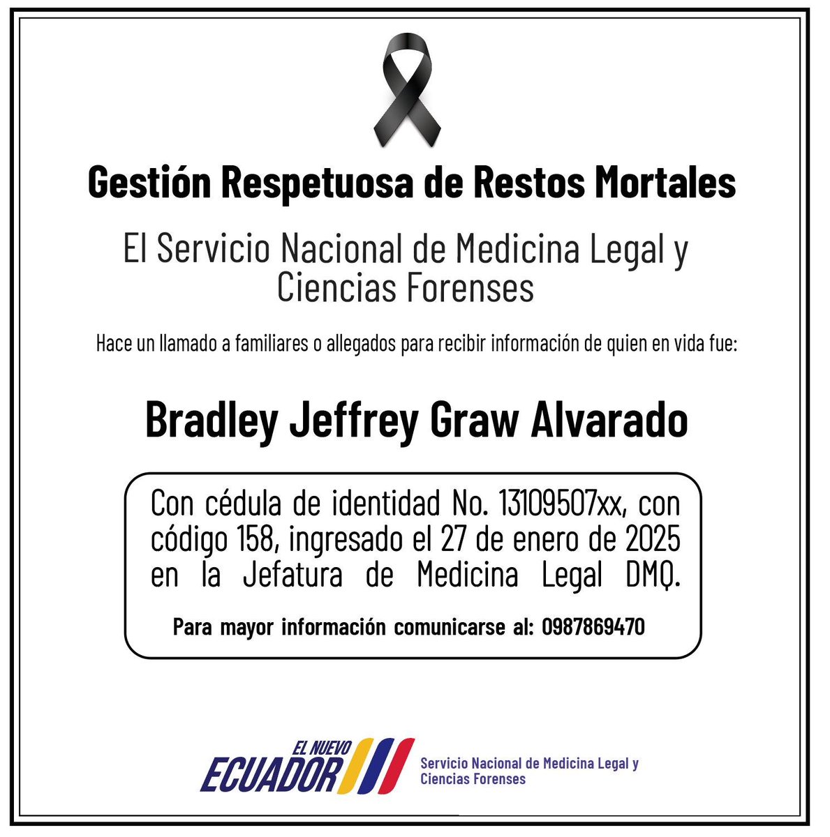 ForensesEC's tweet photo. 📣 ¡Ayúdanos a difundir! 🕊

Hacemos un llamado a familiares y amigos de los siguientes fallecidos, quienes ya fueron identificados, pero no han sido retirados por sus familiares.

⏩Conoce el listado completo en nuestra página web https://t.co/EiOvXWL6ko https://t.co/a3N98or9BV