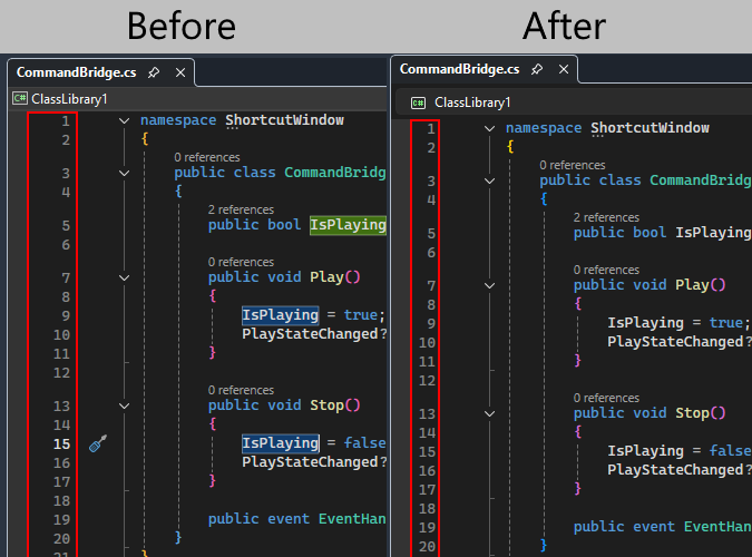 mkristensen's tweet image. The line number margin in Visual Studio is being tightened up to maximize horizontal space in the editor. I&apos;m irrationally excited about this.

Coming soon...