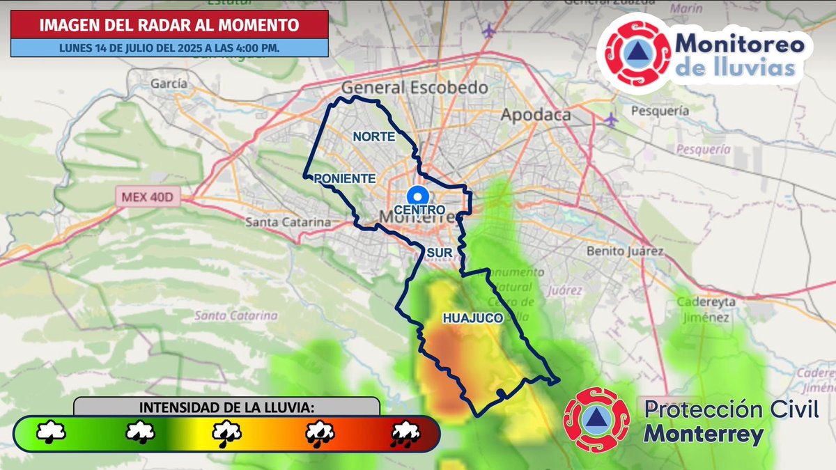 🌧️Lluvias de intensidad moderada a fuerte se presentan actualmente al sur del municipio; la precipitación continuará presente de forma dispersa en las próximas horas.

🍃Se espera viento fuerte con ráfagas de 60 a 80 km/h en las zonas donde se presente lluvia fuerte.