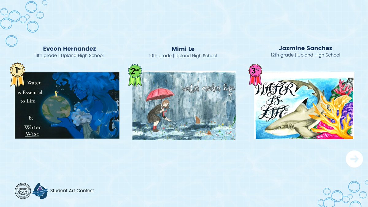 IEUAwater's tweet image. 📣The votes are in!
IEUA is proud to announce the winners and honorable mentions of our 2025 Water is Life Student Art Poster Contest for the 9-12th grade category.
These posters have been submitted to @mwdh2o for consideration in their annual 2026 Student Art Calendar.…