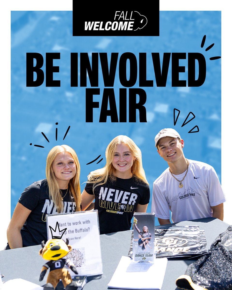 CUBoulderLife's tweet image. 🎪 Recognized student orgs, recognized social Greek orgs and governing bodies are invited to apply for a table at the Be Involved Fair. Meet thousands of students who are looking for a way to be involved in the coming academic year.
Apply by Aug. 10 👉 bit.ly/4jnTb7U