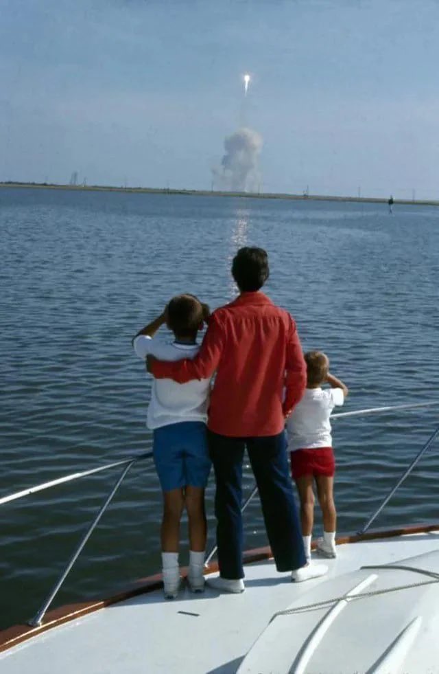 Jan Armstrong &amp; her sons watching as husband &amp; father Neil leaves for work on July 16th, 1969.