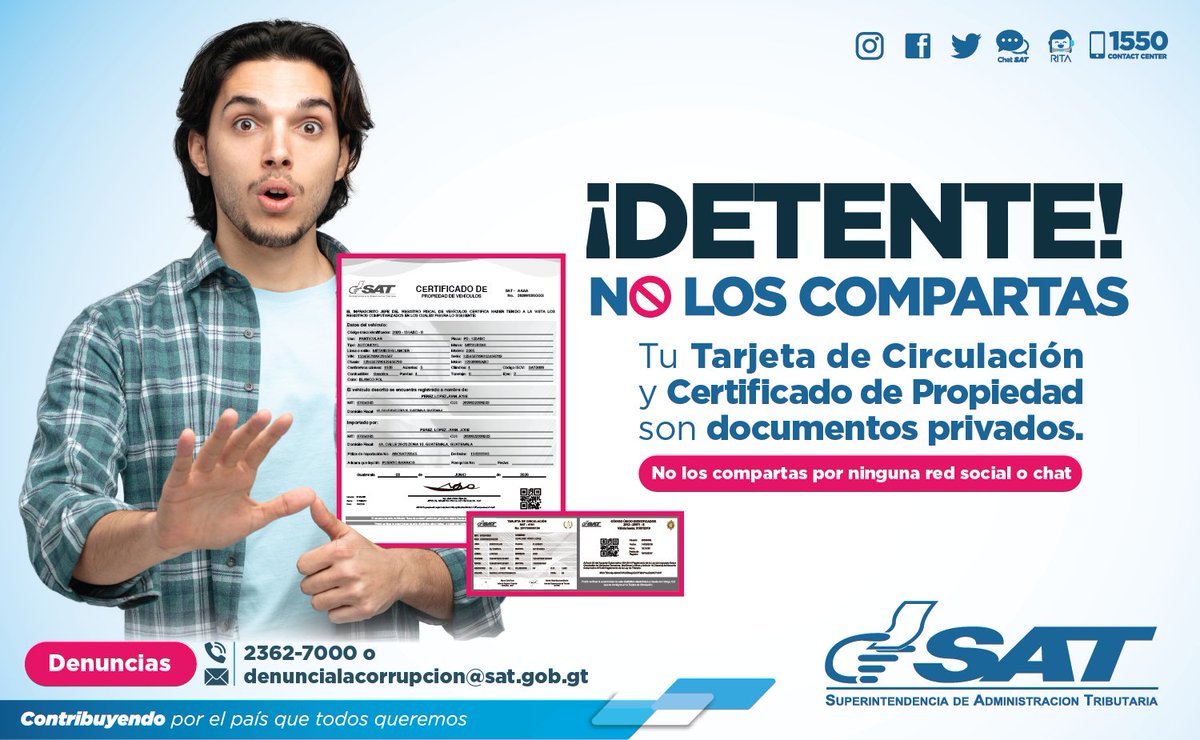 ✋ ¡Detente! 

No compartas los documentos de tu vehículo en ninguna red social o chat #SeguridadTributaria #SAT