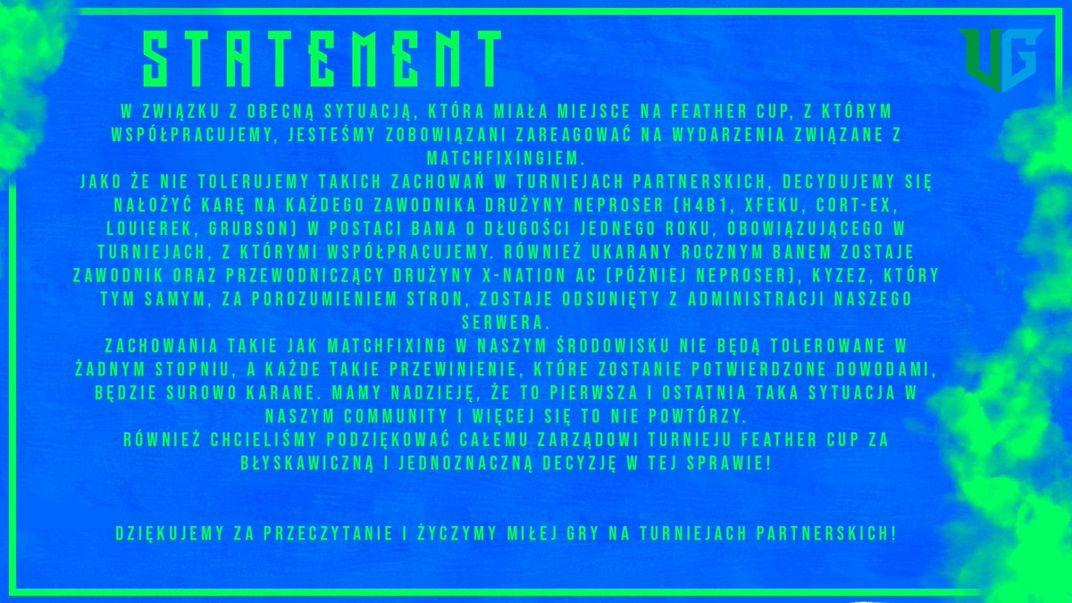 Underground CS2 Polska (@ugpolska) on Twitter photo Zapraszamy do zapoznania się z naszym oświadczeniem dotyczącym sytuacji, która miała miejsce podczas <a href="/FeatherCupCS2/">Feather Cup</a>
#community #cs2 #Underground #statement #ważne #wszyscyrazem Zapraszamy do zapoznania się z naszym oświadczeniem dotyczącym sytuacji, która miała miejsce podczas <a href="/FeatherCupCS2/">Feather Cup</a>
#community #cs2 #Underground #statement #ważne #wszyscyrazem