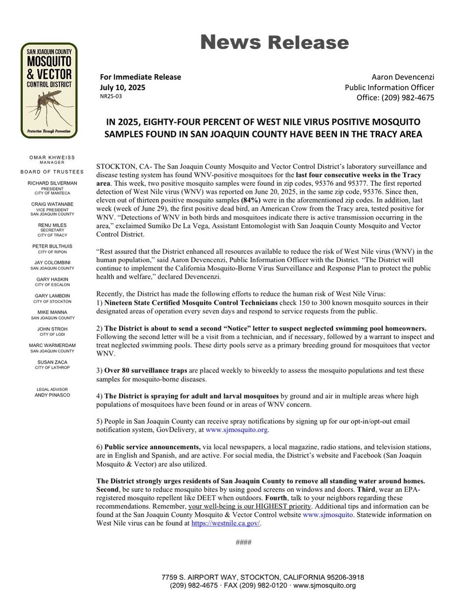 IN 2025, 84% OF WEST NILE VIRUS POSITIVE MOSQUITO SAMPLES FOUND IN SAN JOAQUIN COUNTY HAVE BEEN IN THE TRACY AREA

Remove all standing water around homes, reduce mosquito bites by using good screens on windows and doors, wear an EPA-registered mosquito repellent when outdoors.