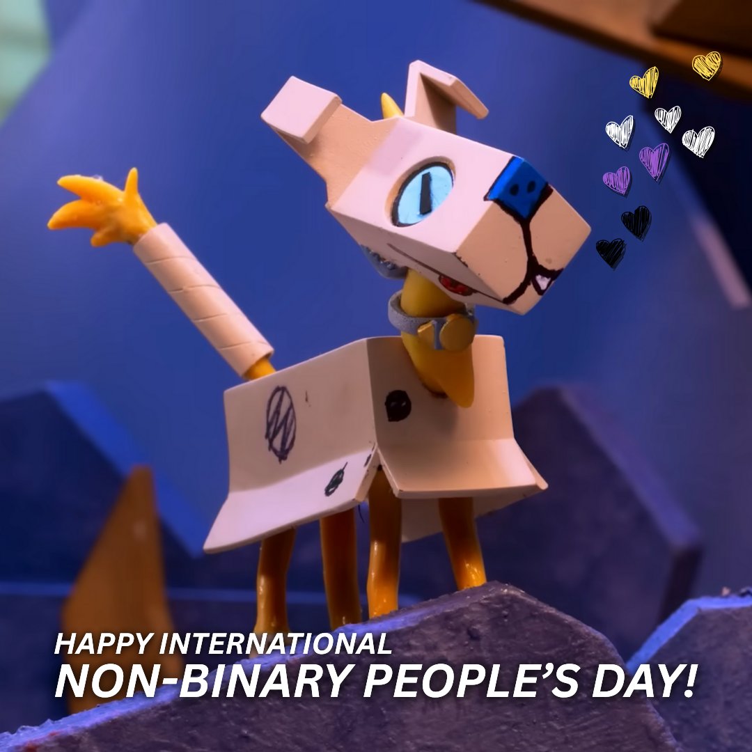Happy International Non-Binary People's Day from The Danger Dogs and our cardboard fellow, Ruff Ruff Yellow! 💛🤍💜🖤