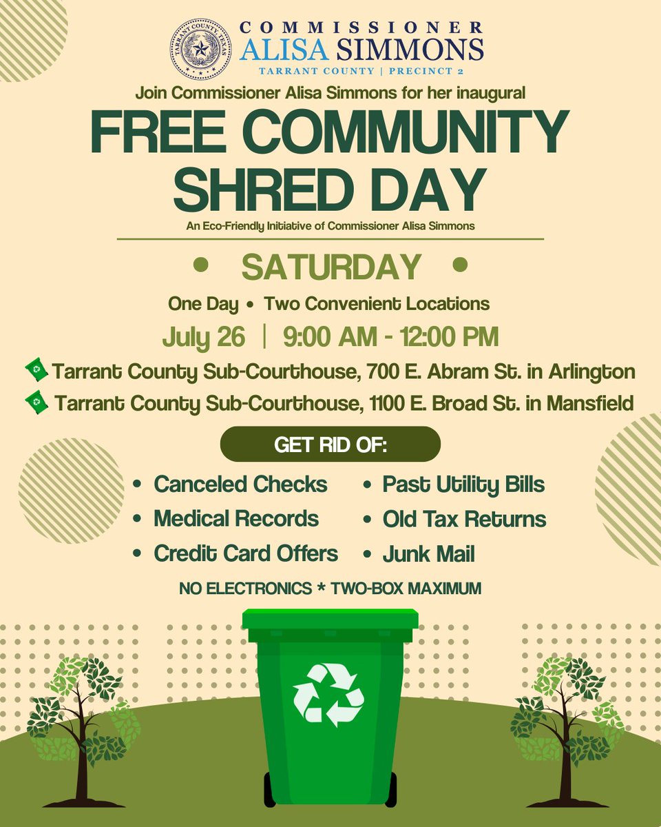 CommALSimmons's tweet image. Mark your calendars!
I’m hosting TWO free Shred Day events on Saturday, July 26. It’s fast, secure, and hassle-free: just bring up to two boxes of paper documents (no electronics, please), and we’ll handle the rest.
Come see my team from 9 AM to noon at these two Tarrant County…