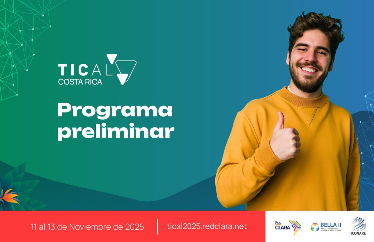 RedCLARA's tweet image. 🚨¡Explora el programa preliminar de TICAL2025!
La conferencia clave que impulsa la transformación digital en América Latina y el Caribe se prepara para una nueva edición, llena de ideas, experiencias y soluciones innovadoras👉tical2025.redclara.net
@redconare