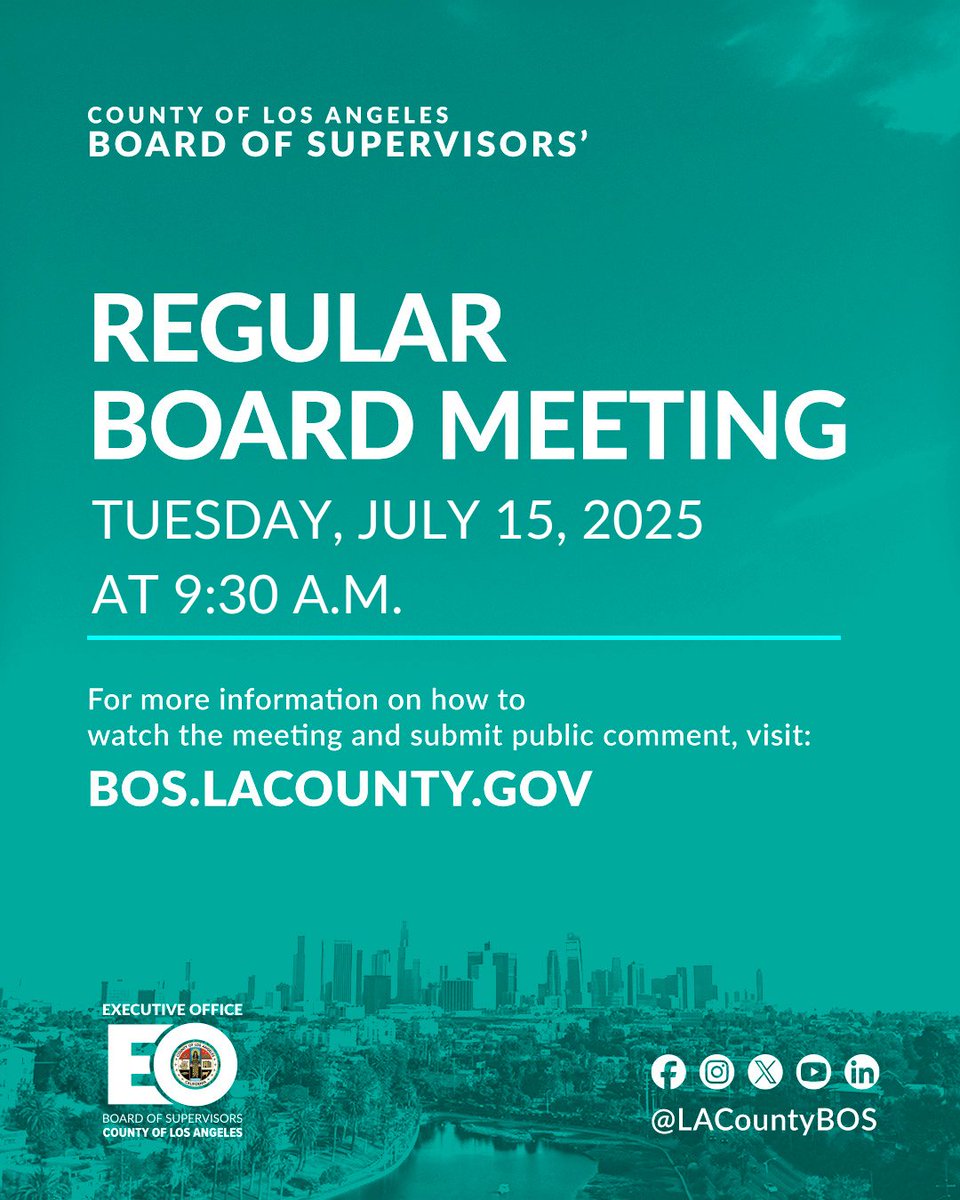 LACountyBOS's tweet image. Join #LACountyBOS TOMORROW, July 15, at 9:30 a.m. for the Regular Board Meeting!
👉 View the agenda & participate: bos.lacounty.gov
🎥 Watch live: youtube.com/LACountyBOS
#LACounty