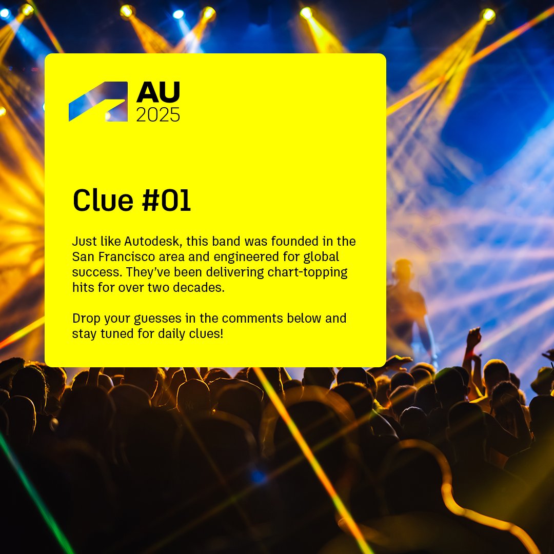 autodesku's tweet image. Guess who will be taking the stage at the #AU2025 Design & Make Celebration?
Clue #1: Just like Autodesk, this band was founded in the San Francisco area and engineered for global success. Theyโve been delivering chart-topping hits for over two decades. โ
Drop your guess โคต๏ธ