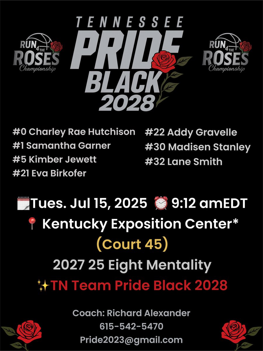Richard Alexander (@pride2023) on Twitter photo Game 3 tomorrow 🎯
🆚 25 Eight Mentality
📍 Court 45 | 🗓️ Tues, July 15 | ⏰ 9:12 AM EDT
Run 4 Roses Championship Session 🌹
Results so far:
✅ 61–36 vs SMAC Rebels NE2K
✅ 53–28 vs 2026 Austin Phoenix* (stepped in after NY Flight 845 16U forfeited — thank you 🙏)
Appreciate Game 3 tomorrow 🎯
🆚 25 Eight Mentality
📍 Court 45 | 🗓️ Tues, July 15 | ⏰ 9:12 AM EDT
Run 4 Roses Championship Session 🌹
Results so far:
✅ 61–36 vs SMAC Rebels NE2K
✅ 53–28 vs 2026 Austin Phoenix* (stepped in after NY Flight 845 16U forfeited — thank you 🙏)
Appreciate