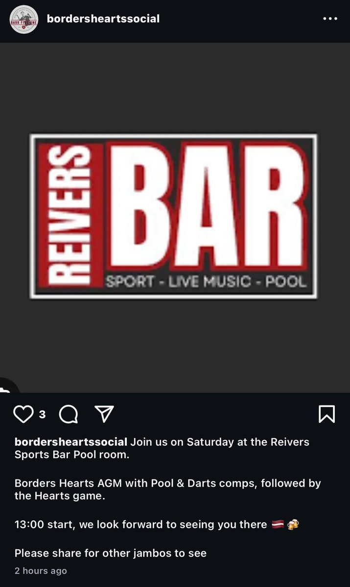 📣 Borders Hearts AGM ℹ️⬇️

📆 Saturday 19th July (this Saturday!)
📍Reivers Bar, Galashiels 
⏰ 1pm start 

Following the AGM, we will be having a pool and darts competition! 

Non members welcome and encouraged to attend too! ☺️ 

Any issues or questions, please let me know!