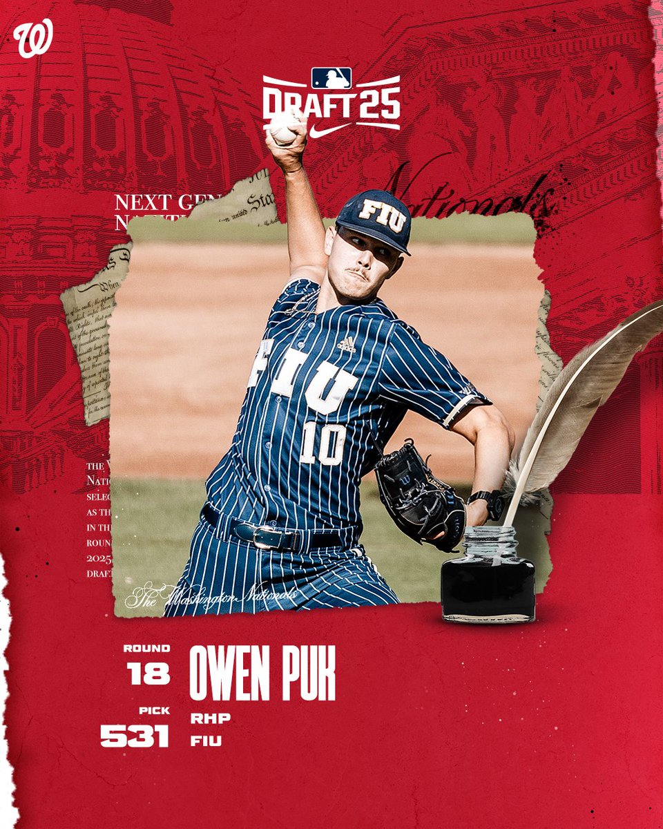 Nats_PlayerDev's tweet image. Welcome to the @Nationals, Owen!
With the 531st pick in the 2025 MLB Draft, the Nats select RHP Owen Puk from FIU.
